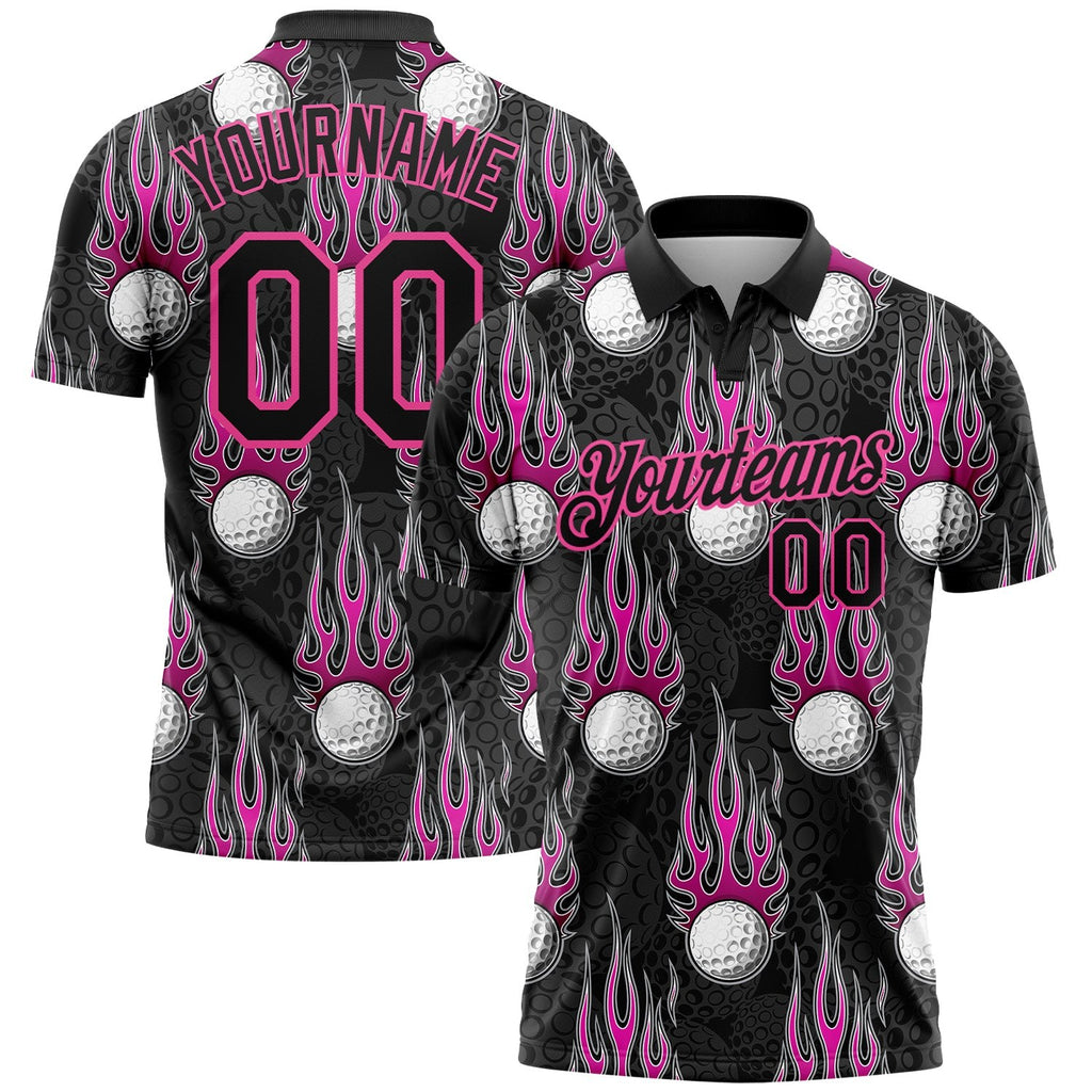 Custom Black Pink 3D Pattern Design Firely Golf Ball Performance Golf Polo Shirt photo 1