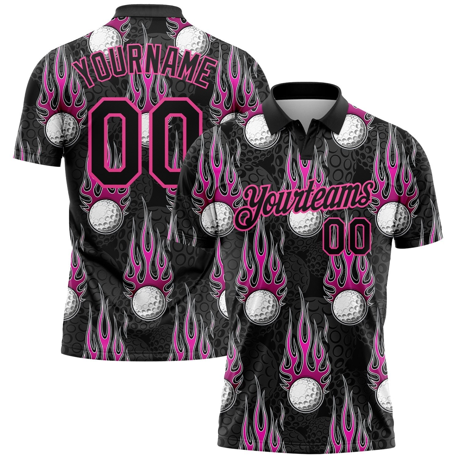 Custom Black Pink 3D Pattern Design Firely Golf Ball Performance Golf Polo Shirt photo 1
