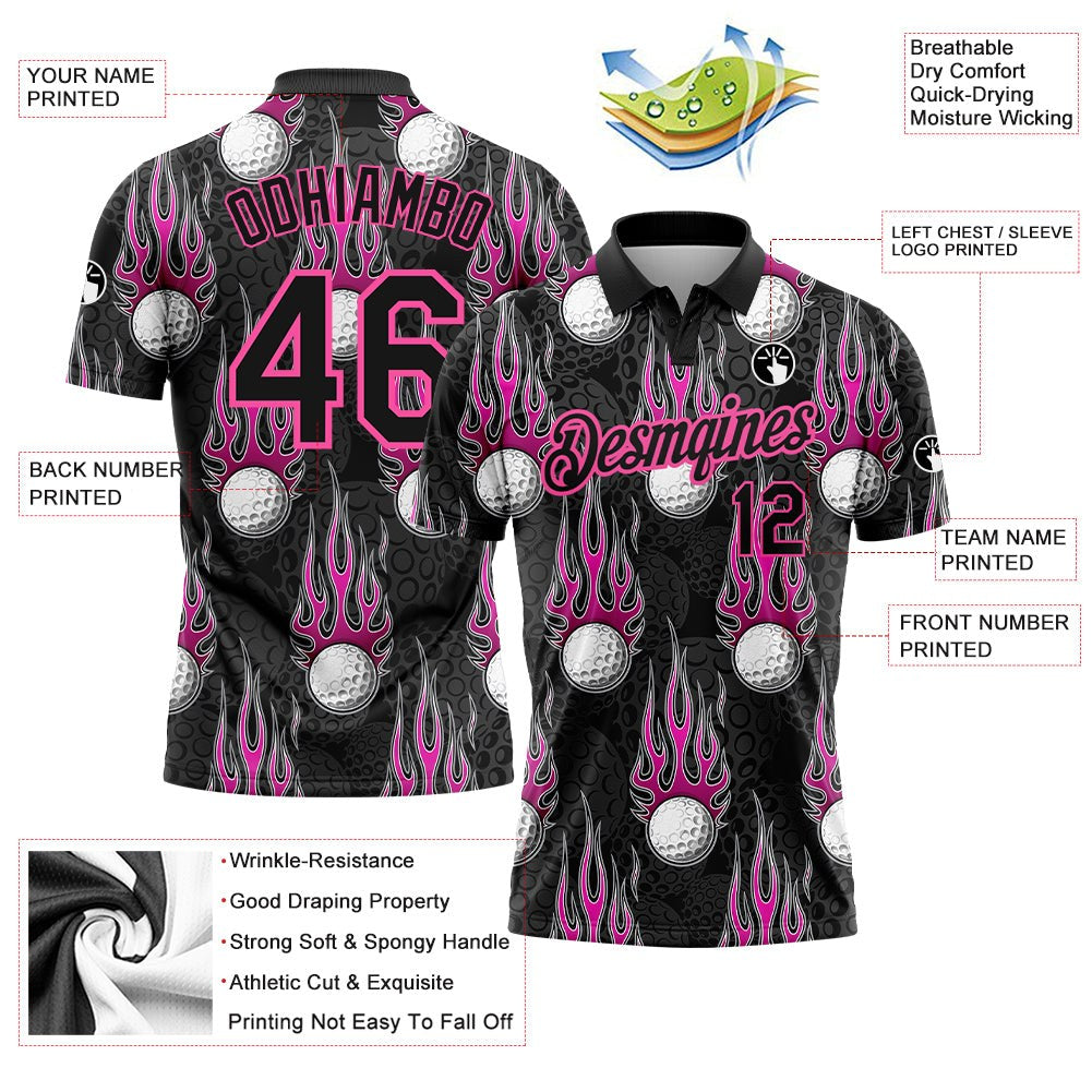 Custom Black Pink 3D Pattern Design Firely Golf Ball Performance Golf Polo Shirt photo 3