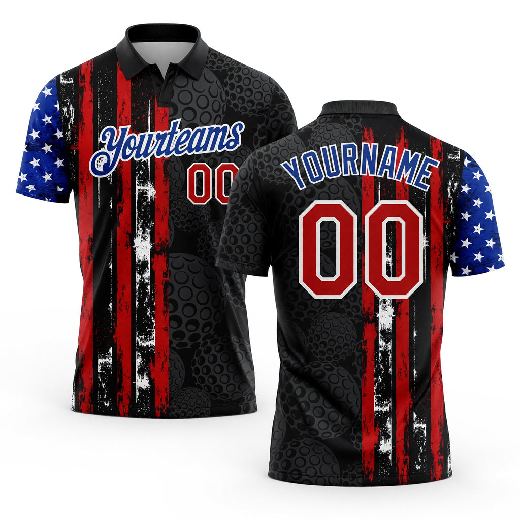 Custom Black Red-Royal 3D Pattern Design Golf Ball American Flag Performance Golf Polo Shirt