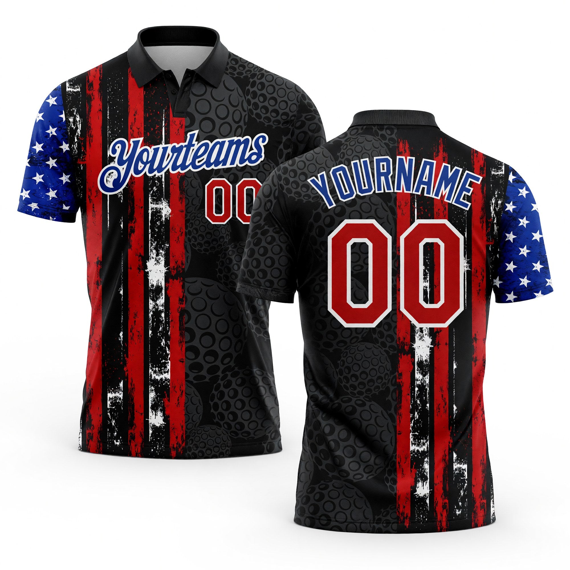 Custom Black Red-Royal 3D Pattern Design Golf Ball American Flag Performance Golf Polo Shirt