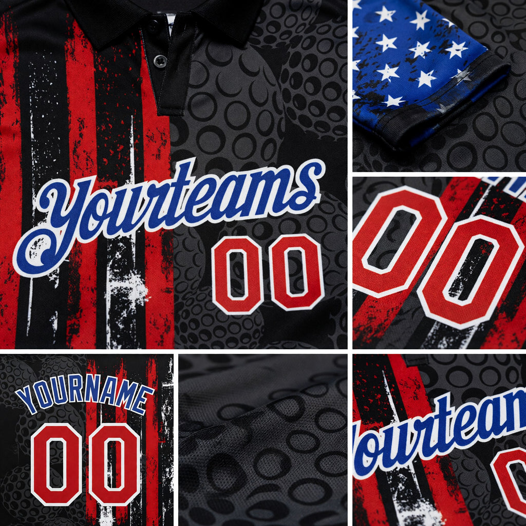Custom Black Red-Royal 3D Pattern Design Golf Ball American Flag Performance Golf Polo Shirt detail