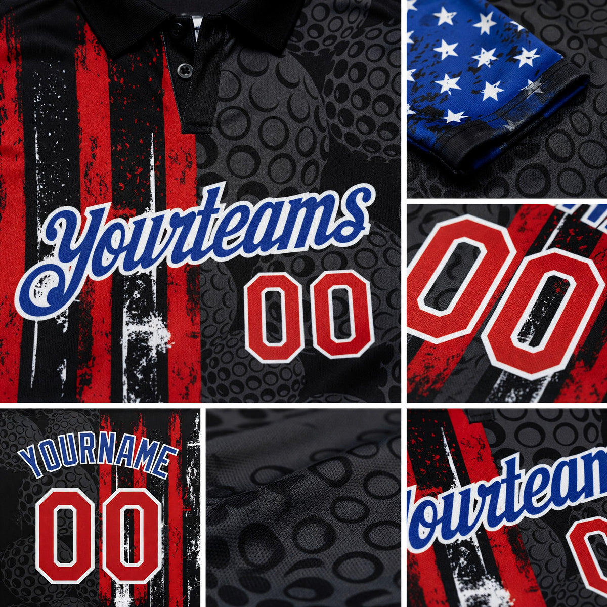 Custom Black Red-Royal 3D Pattern Design Golf Ball American Flag Performance Golf Polo Shirt detail