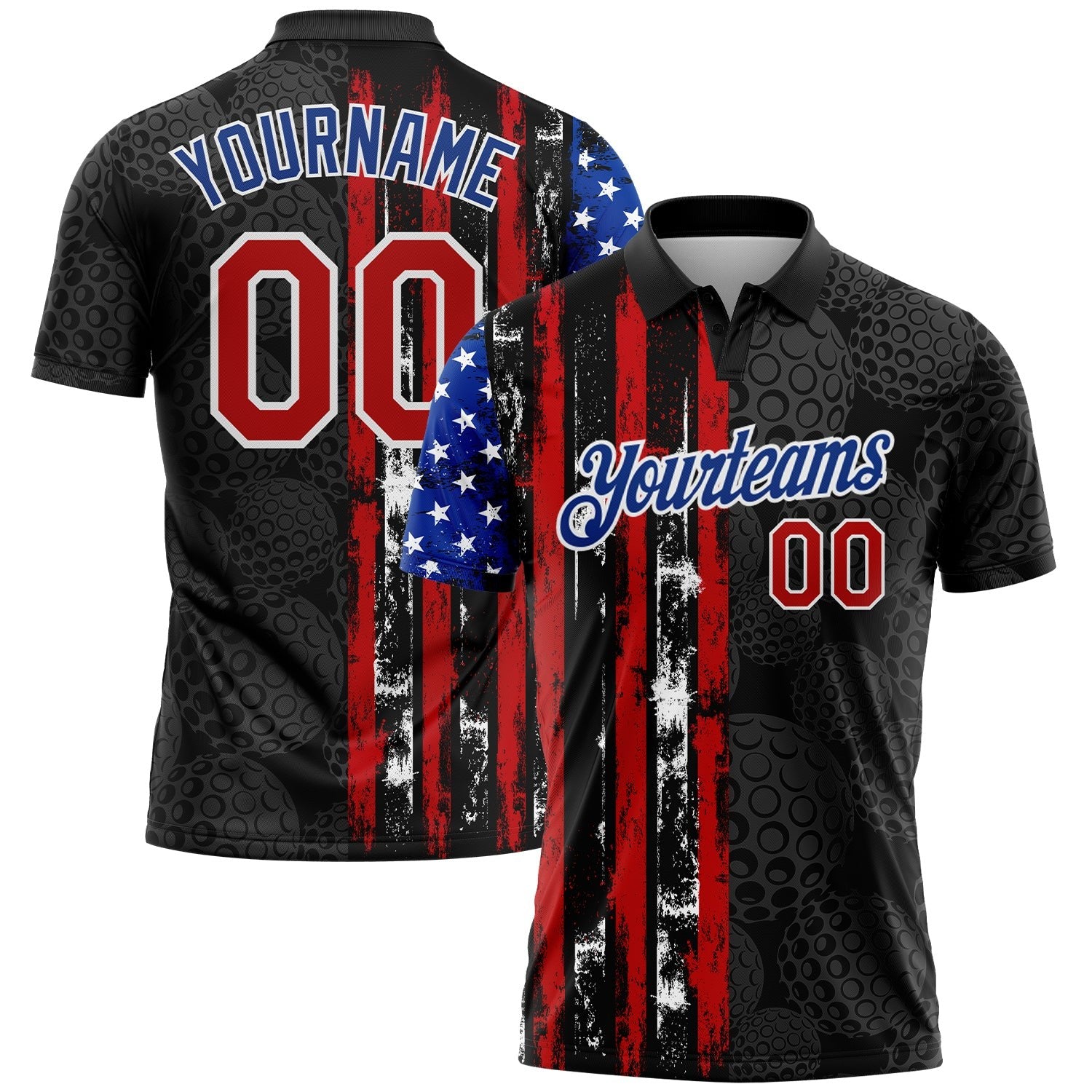 Custom Black Red-Royal 3D Pattern Design Golf Ball American Flag Performance Golf Polo Shirt photo 1