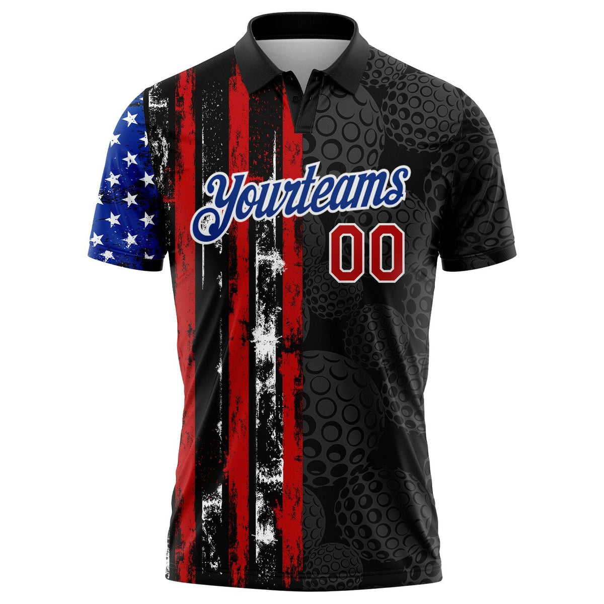 Custom Black Red-Royal 3D Pattern Design Golf Ball American Flag Performance Golf Polo Shirt photo 2