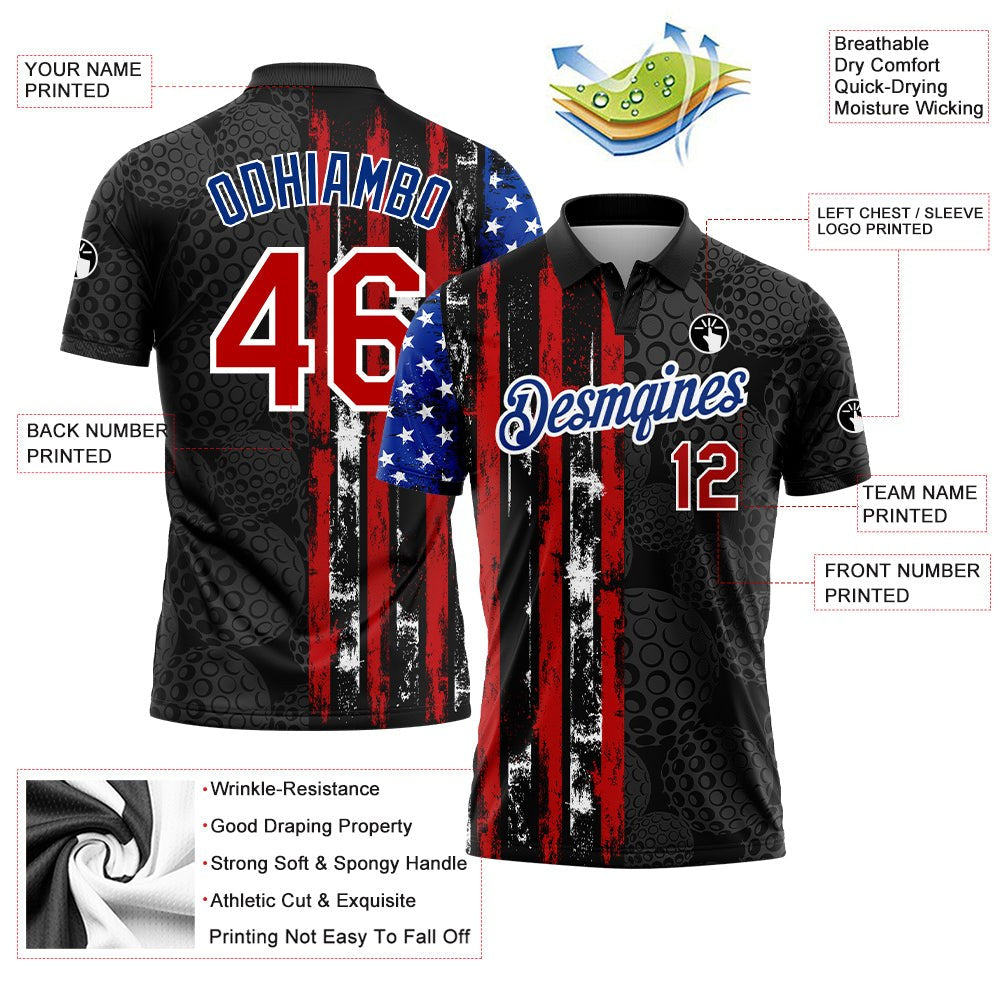 Custom Black Red-Royal 3D Pattern Design Golf Ball American Flag Performance Golf Polo Shirt photo 3