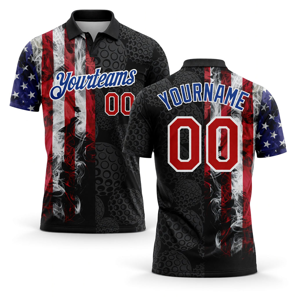 Custom Black Red-Royal 3D Pattern Design Golf Ball American Flag Performance Golf Polo Shirt