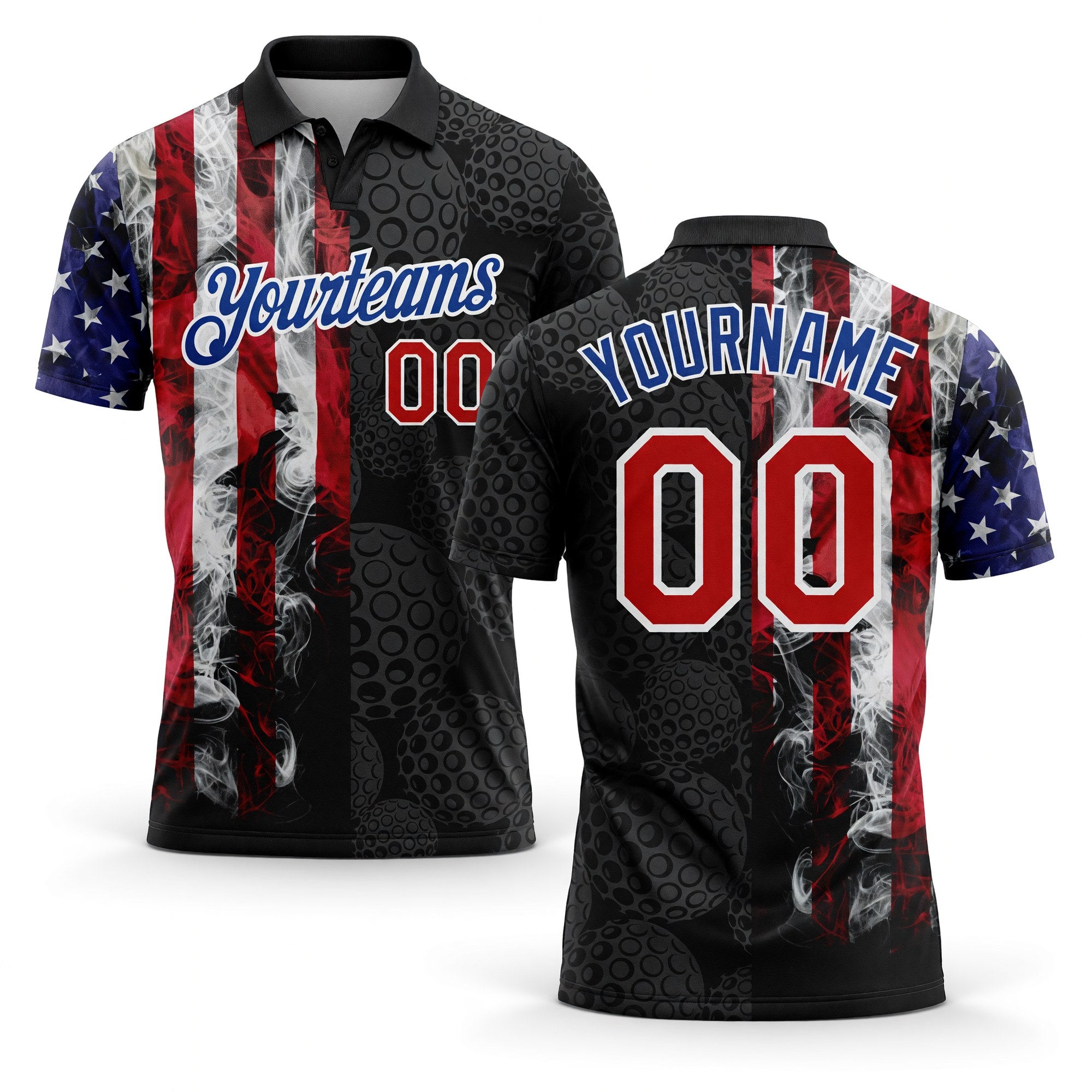 Custom Black Red-Royal 3D Pattern Design Golf Ball American Flag Performance Golf Polo Shirt