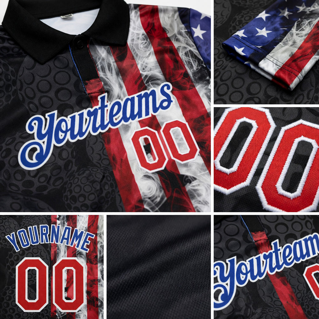 Custom Black Red-Royal 3D Pattern Design Golf Ball American Flag Performance Golf Polo Shirt detail