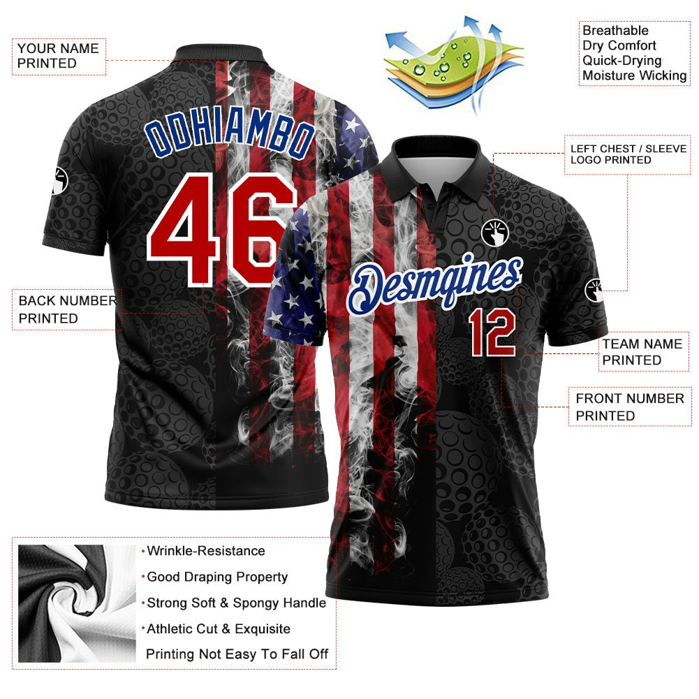 Custom Black Red-Royal 3D Pattern Design Golf Ball American Flag Performance Golf Polo Shirt photo 3