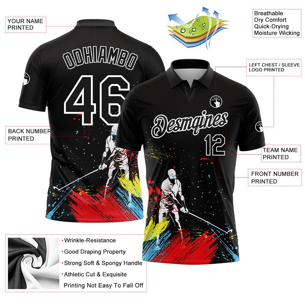 Custom Black White 3D Pattern Design Golfing Performance Golf Polo Shirt photo 3
