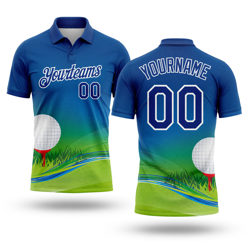 Custom Royal White 3D Pattern Design Golf Ball Performance Golf Polo Shirt