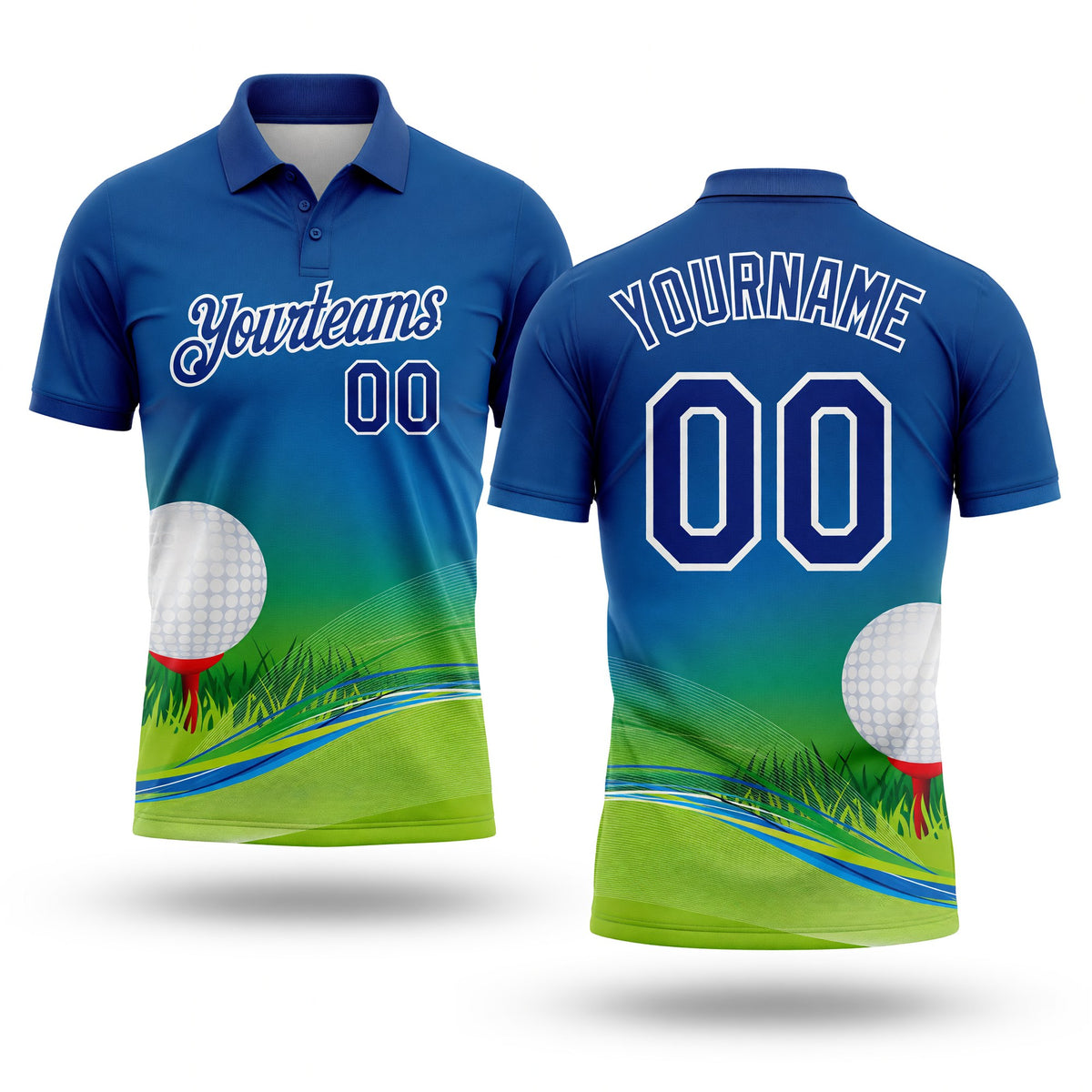Custom Royal White 3D Pattern Design Golf Ball Performance Golf Polo Shirt