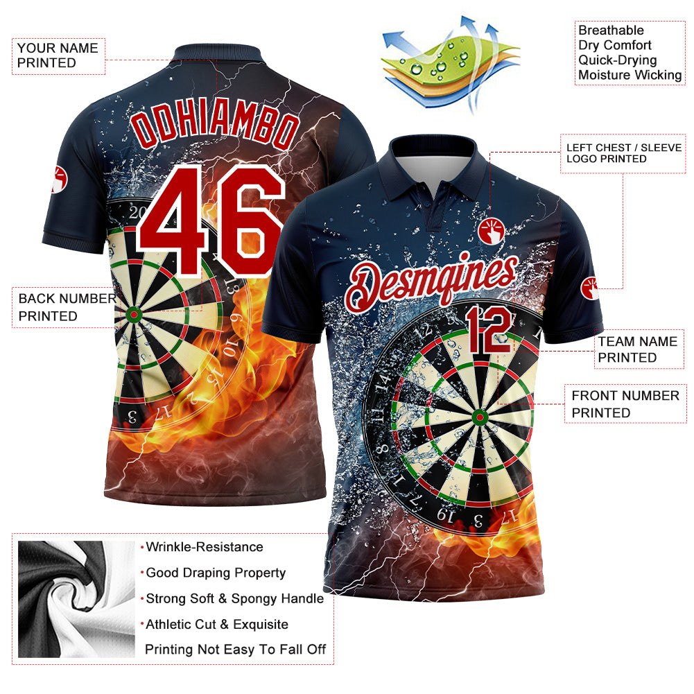 Custom Black Red-White 3D Pattern Design Flame Dart Board Performance Golf Polo Shirt photo 3
