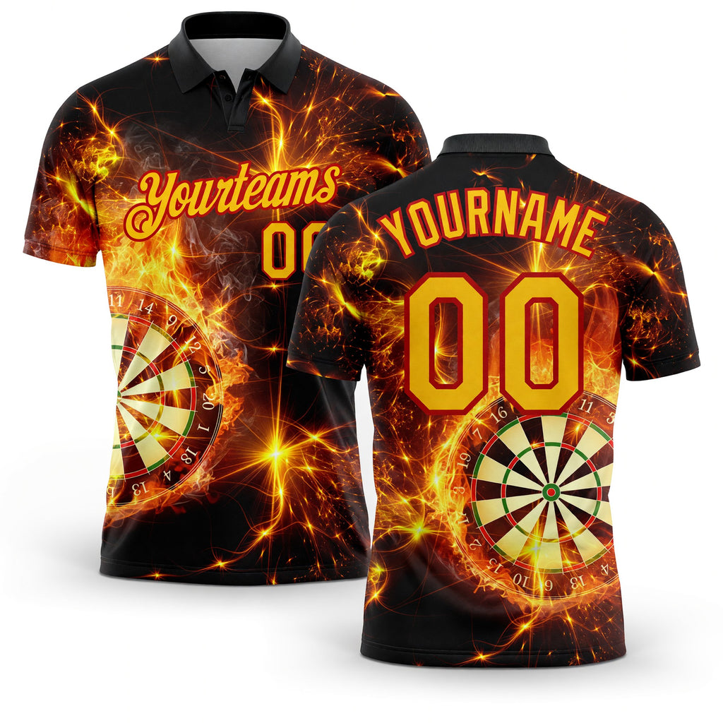 Custom Black Yellow-Red 3D Pattern Design Flame Dart Board Performance Golf Polo Shirt