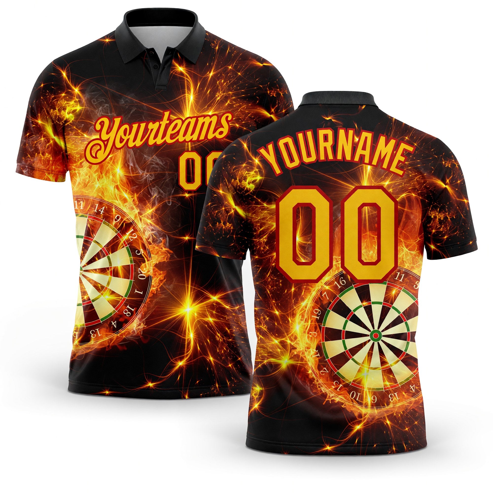 Custom Black Yellow-Red 3D Pattern Design Flame Dart Board Performance Golf Polo Shirt