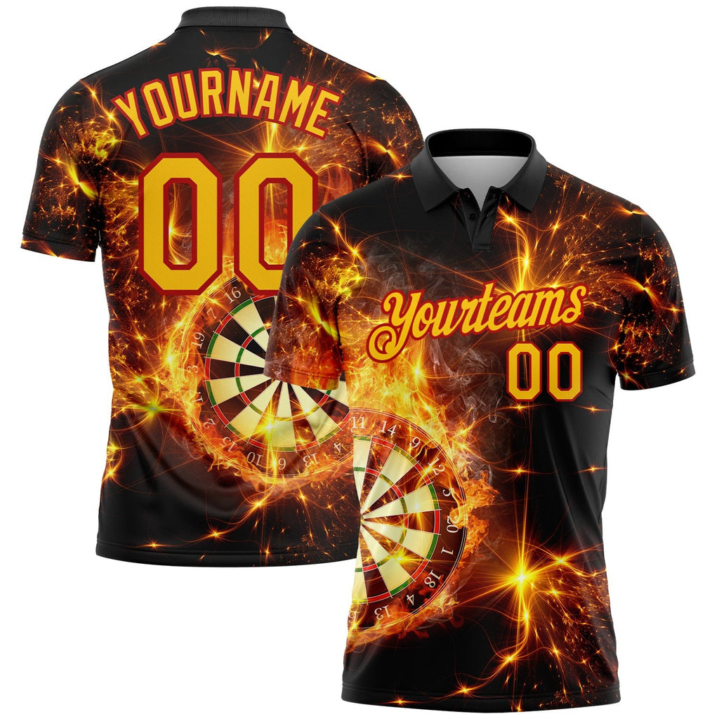 Custom Black Yellow-Red 3D Pattern Design Flame Dart Board Performance Golf Polo Shirt photo 1
