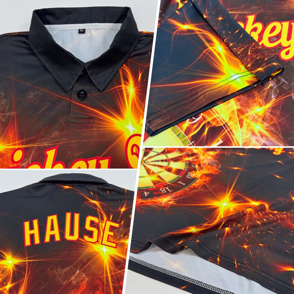 Custom Black Yellow-Red 3D Pattern Design Flame Dart Board Performance Golf Polo Shirt photo 2