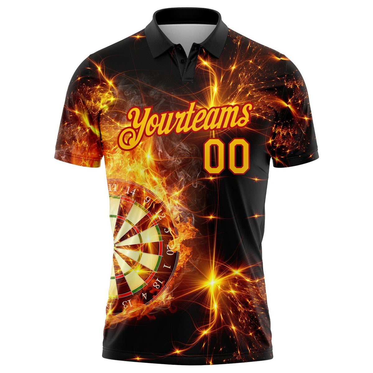 Custom Black Yellow-Red 3D Pattern Design Flame Dart Board Performance Golf Polo Shirt photo 3