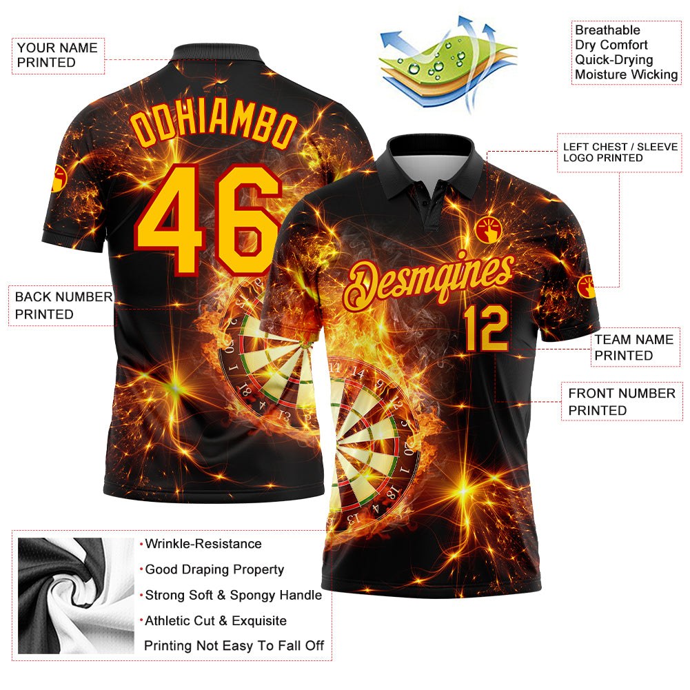 Custom Black Yellow-Red 3D Pattern Design Flame Dart Board Performance Golf Polo Shirt photo 4
