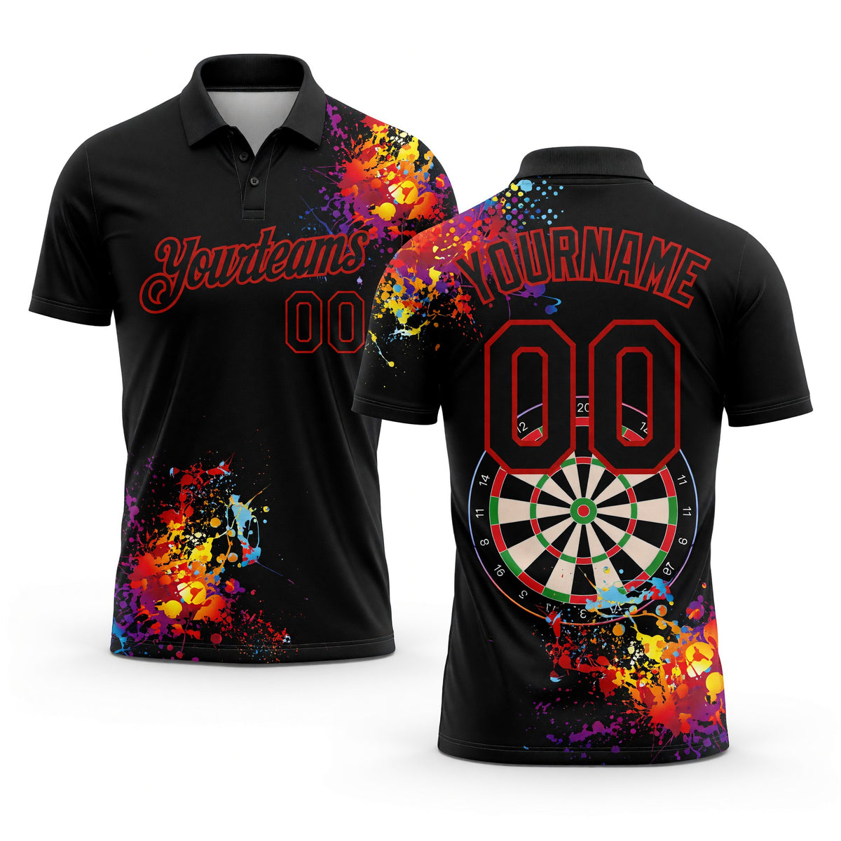 Custom Black Red 3D Pattern Design Dart Board Performance Golf Polo Shirt