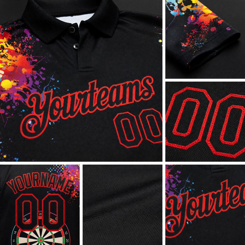 Custom Black Red 3D Pattern Design Dart Board Performance Golf Polo Shirt detail