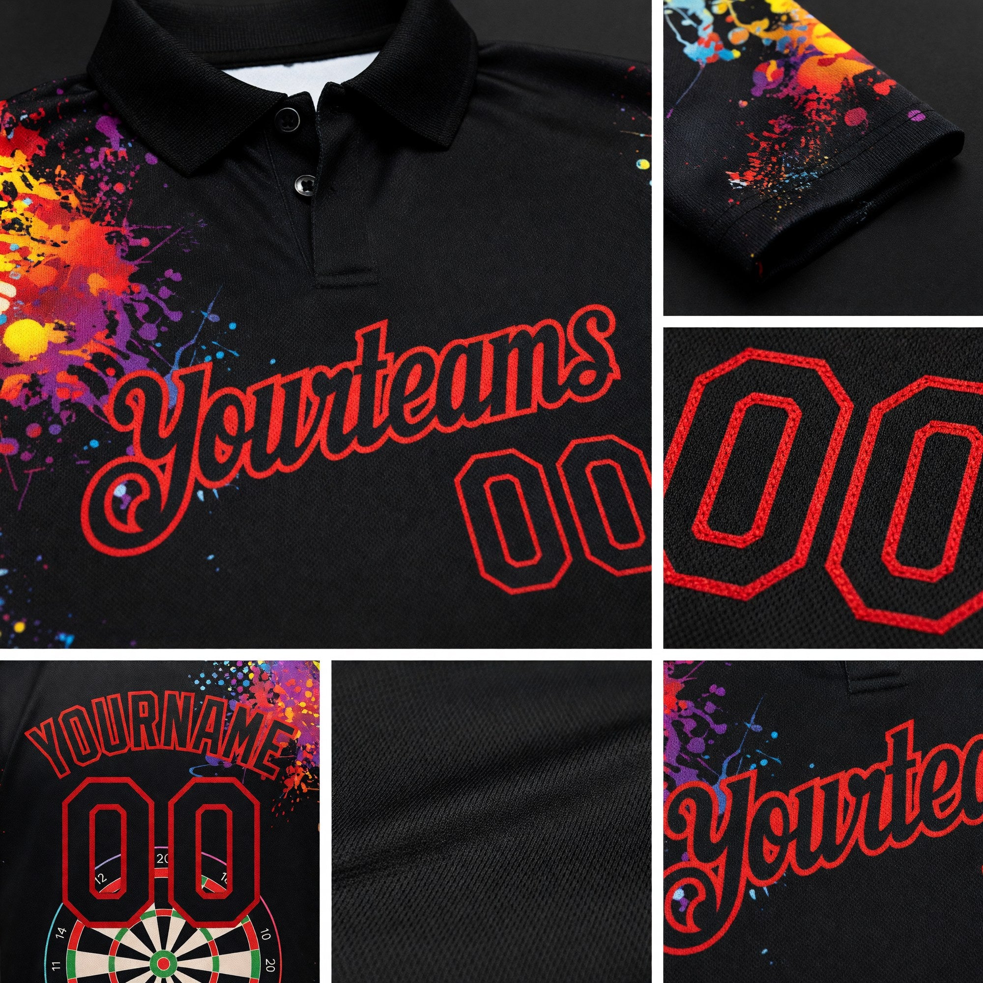 Custom Black Red 3D Pattern Design Dart Board Performance Golf Polo Shirt detail
