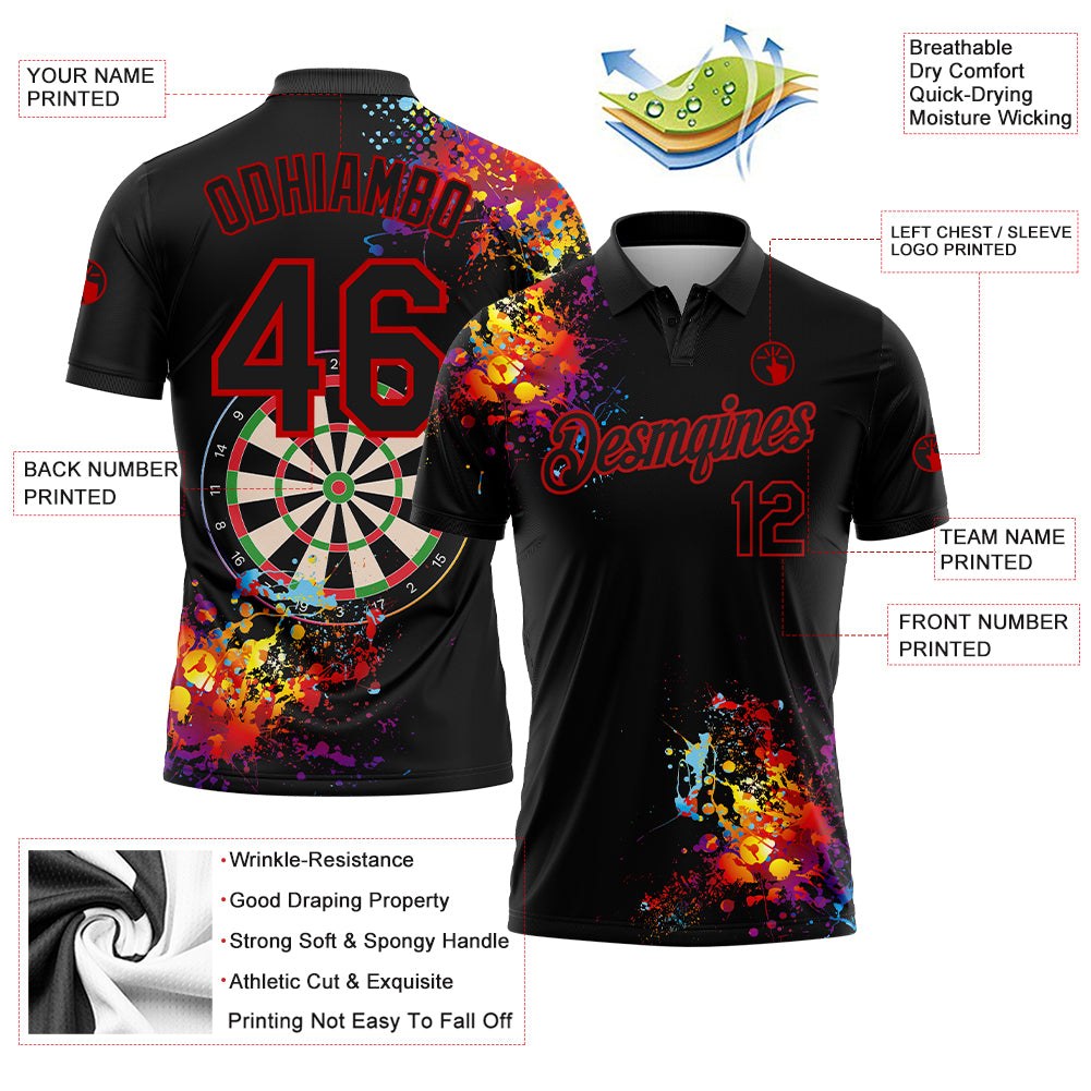 Custom Black Red 3D Pattern Design Dart Board Performance Golf Polo Shirt photo 3