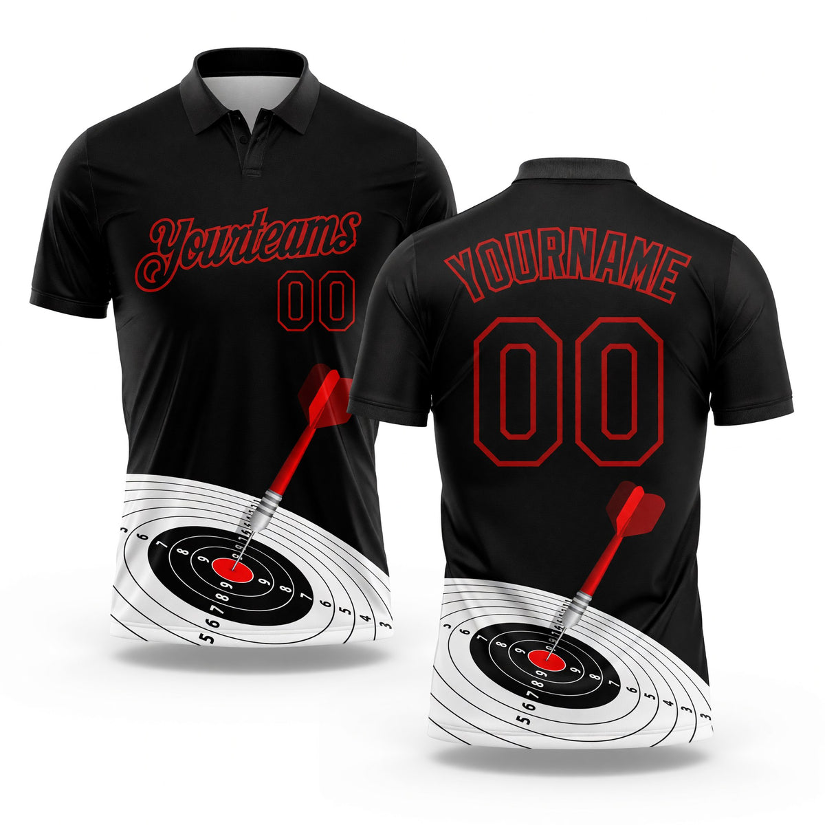 Custom Black Red 3D Pattern Design Dart Board Target Performance Golf Polo Shirt