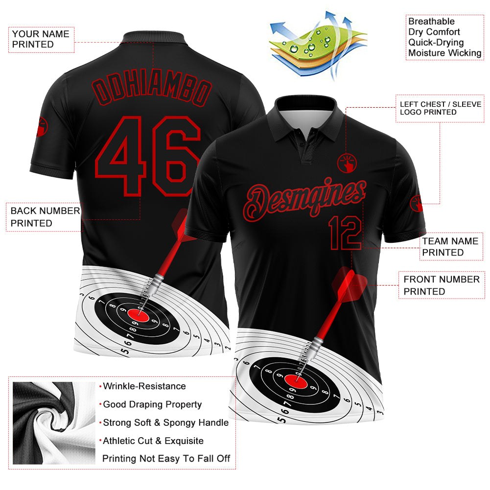 Custom Black Red 3D Pattern Design Dart Board Target Performance Golf Polo Shirt photo 3