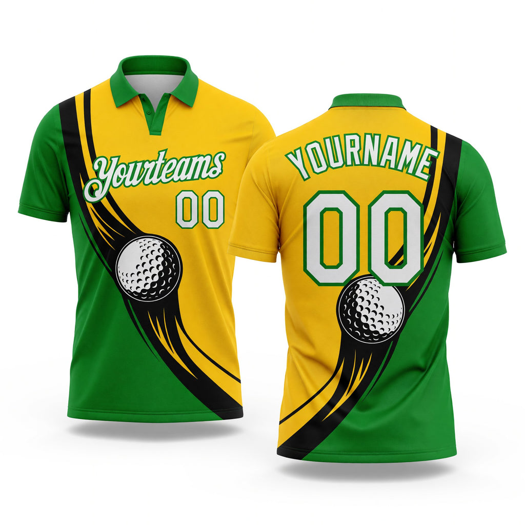 Custom Yellow White-Grass Green 3D Pattern Design Golf Ball Performance Golf Polo Shirt