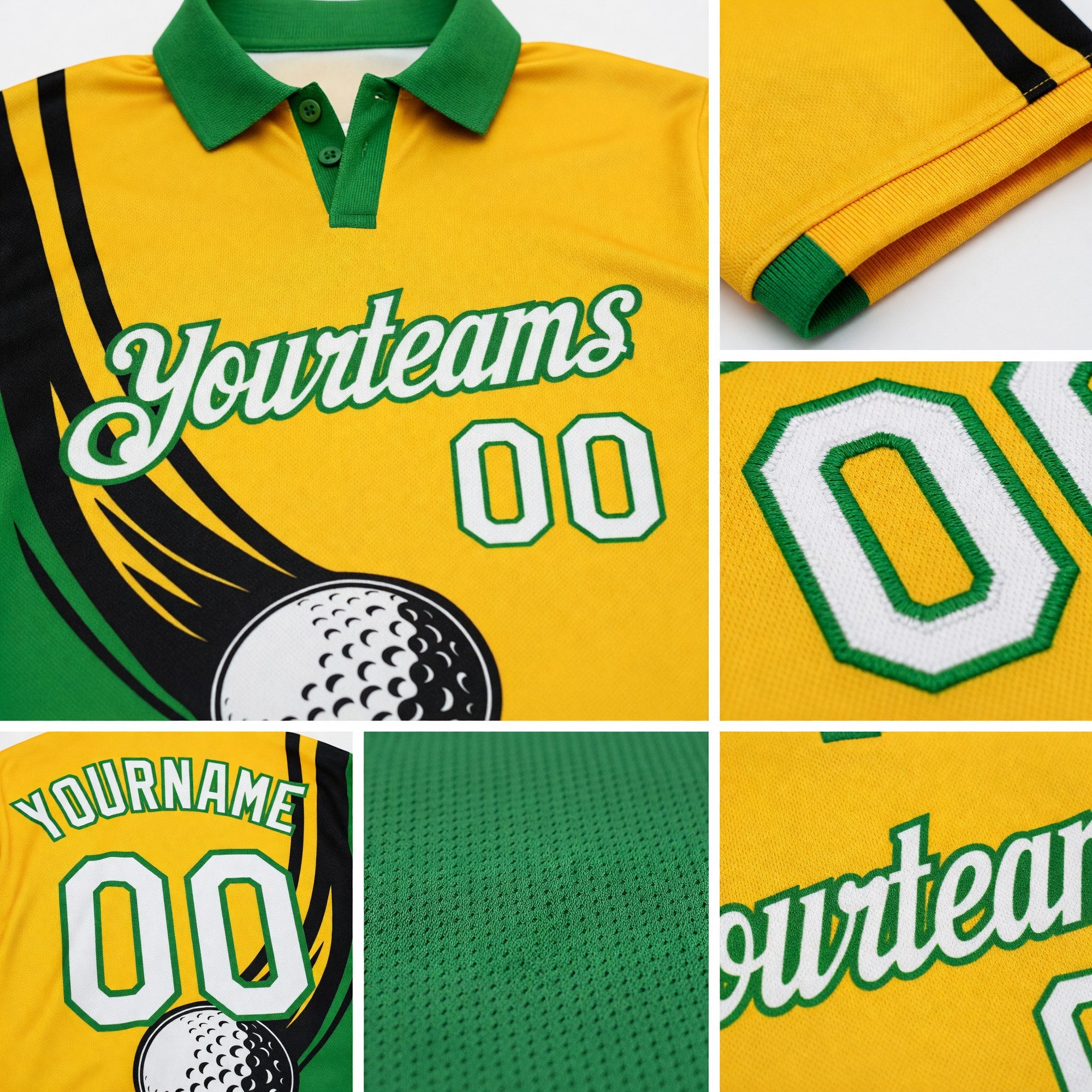 Custom Yellow White-Grass Green 3D Pattern Design Golf Ball Performance Golf Polo Shirt detail