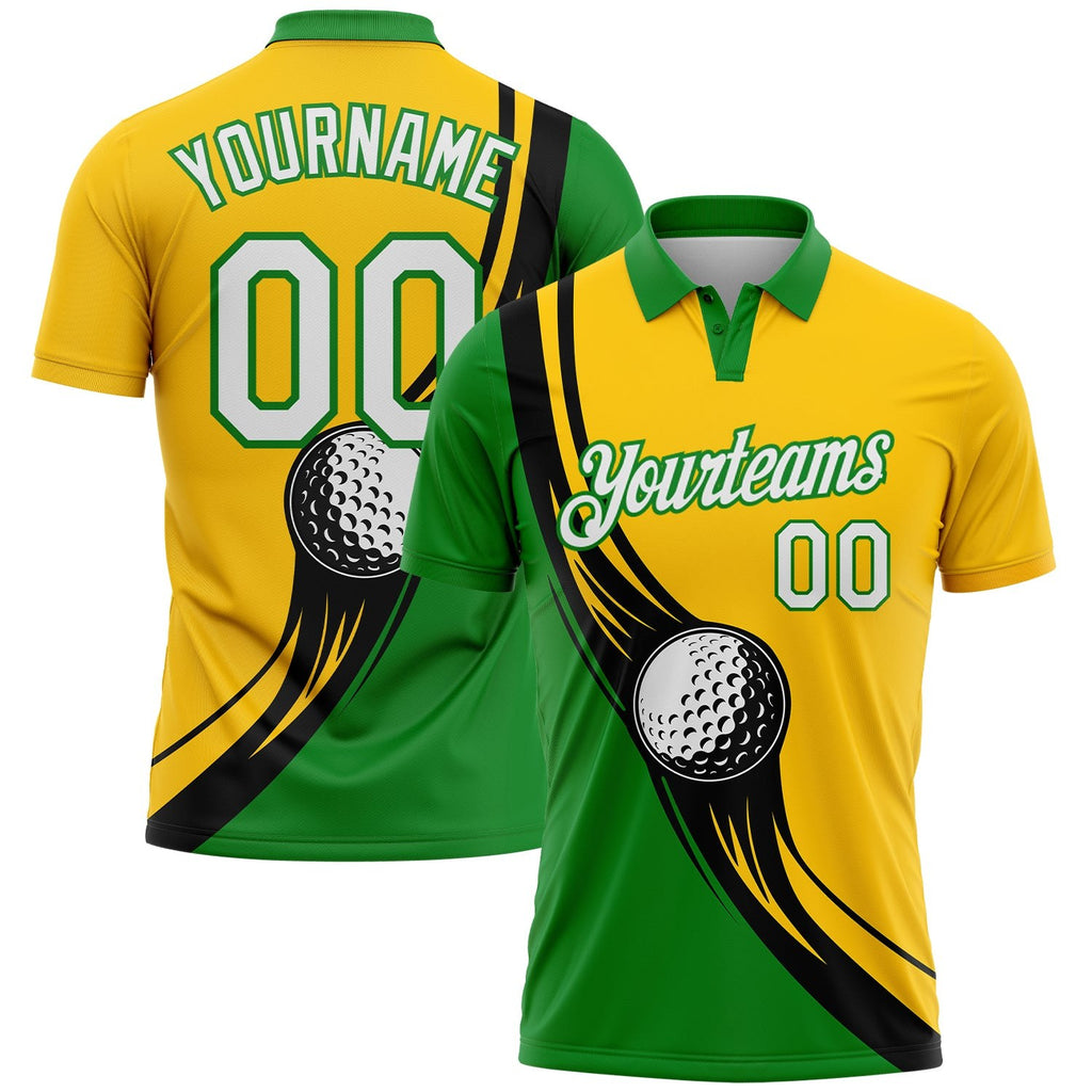 Custom Yellow White-Grass Green 3D Pattern Design Golf Ball Performance Golf Polo Shirt photo 1