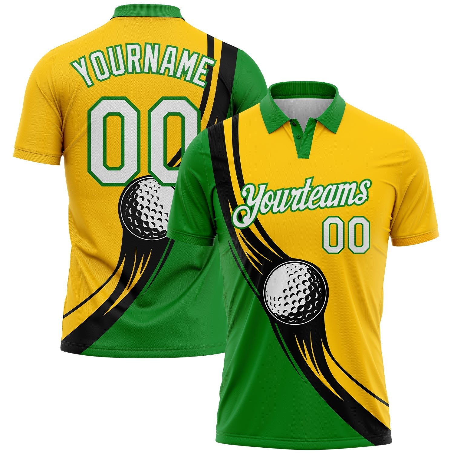 Custom Yellow White-Grass Green 3D Pattern Design Golf Ball Performance Golf Polo Shirt photo 1