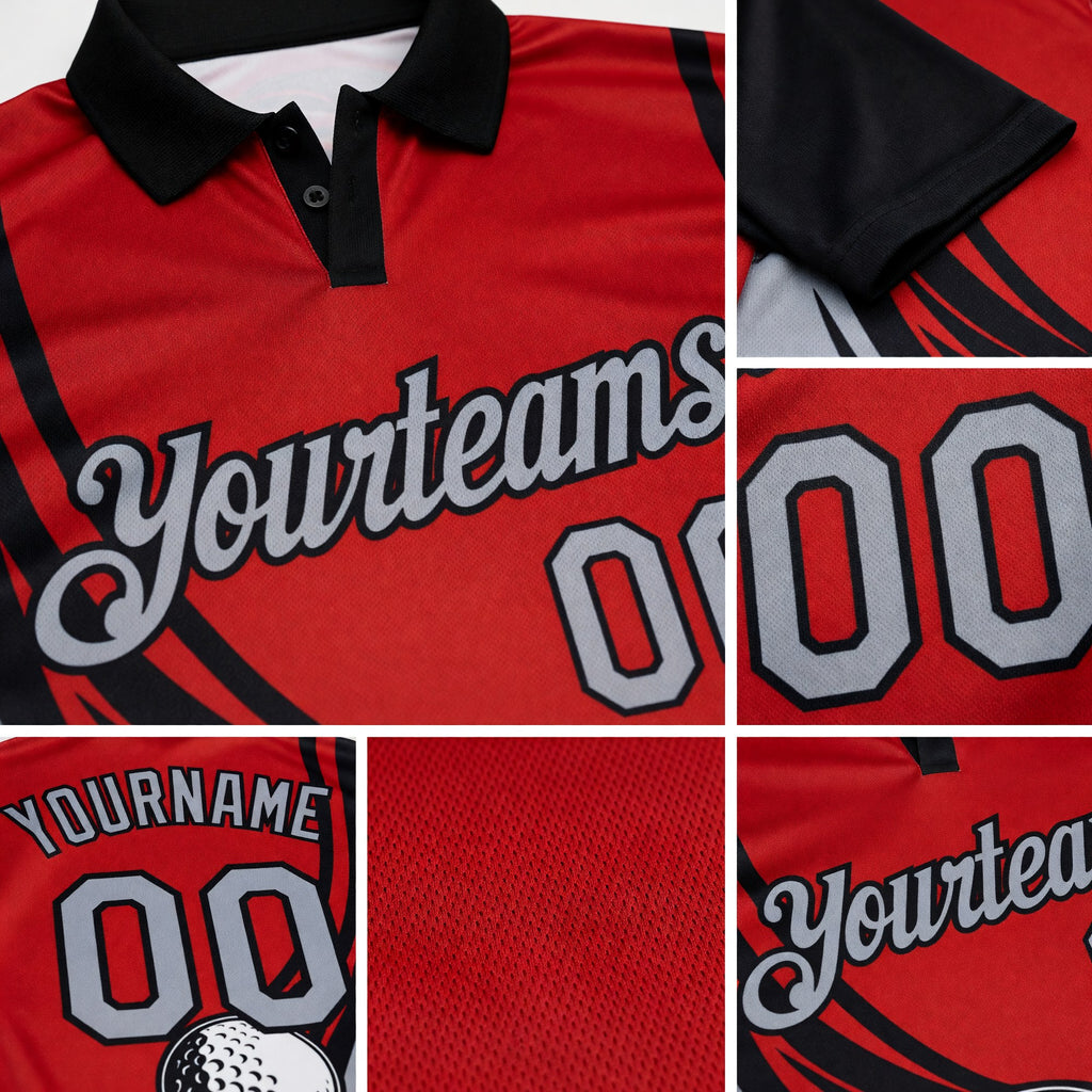 Custom Red Gray-Black 3D Pattern Design Golf Ball Performance Golf Polo Shirt detail
