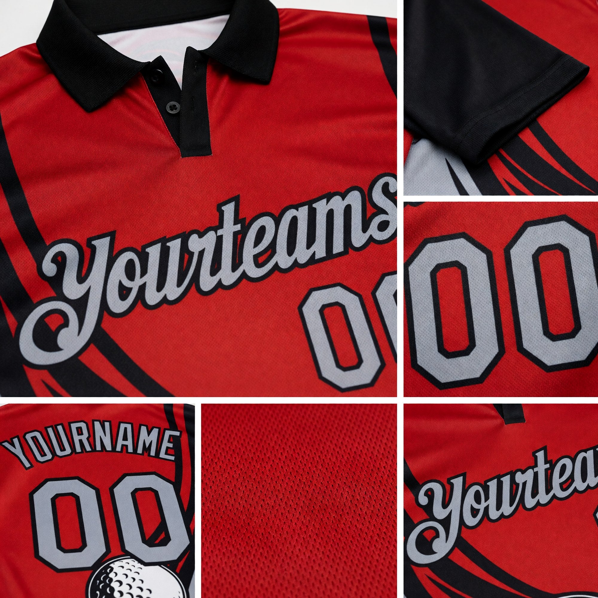 Custom Red Gray-Black 3D Pattern Design Golf Ball Performance Golf Polo Shirt detail