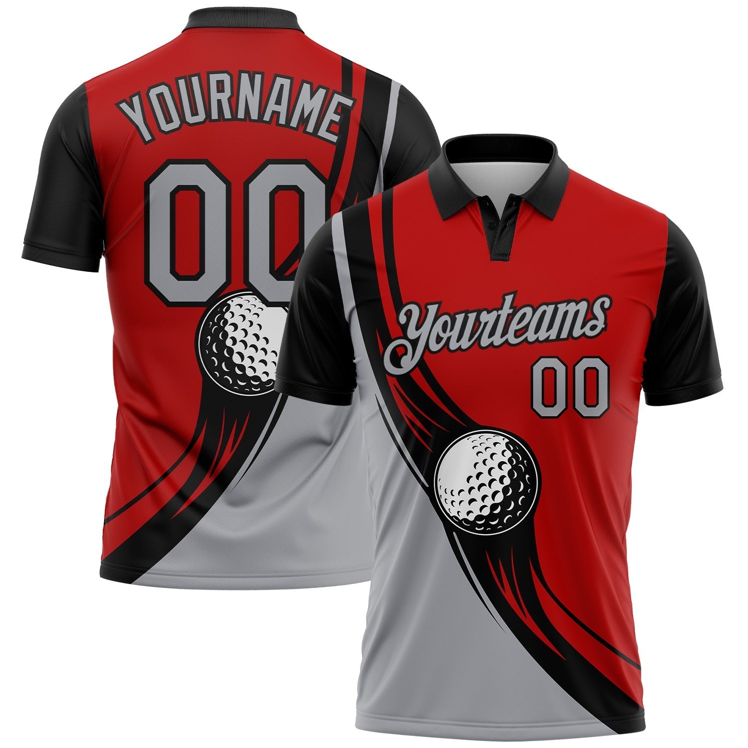 Custom Red Gray-Black 3D Pattern Design Golf Ball Performance Golf Polo Shirt photo 1