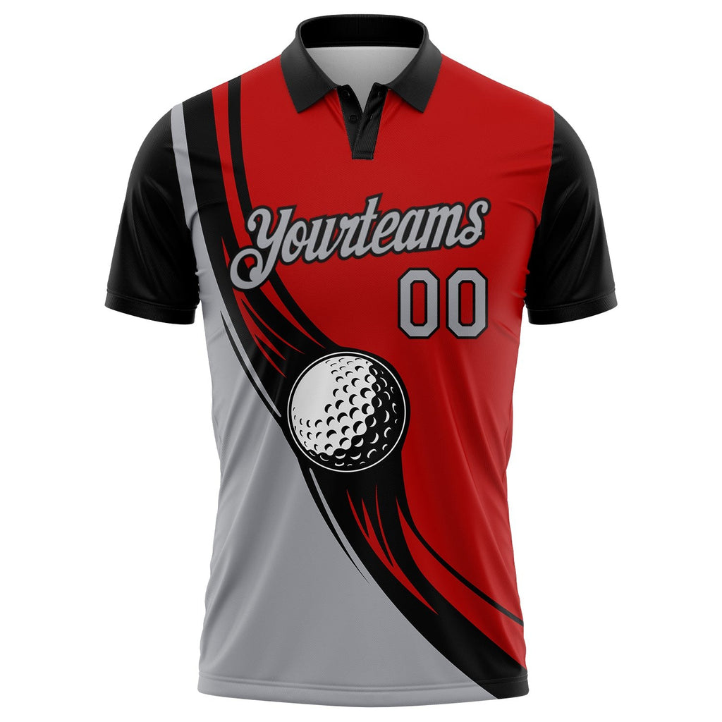 Custom Red Gray-Black 3D Pattern Design Golf Ball Performance Golf Polo Shirt photo 2