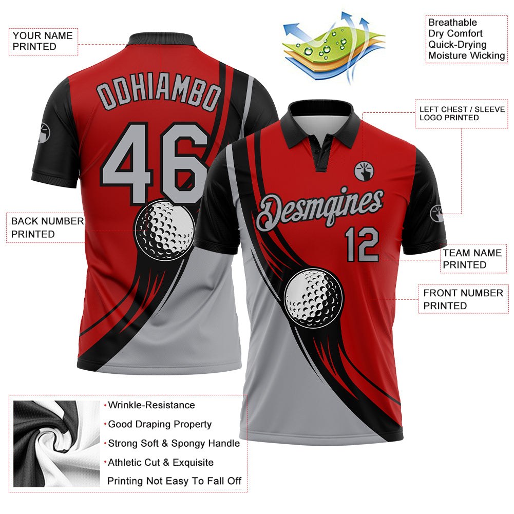 Custom Red Gray-Black 3D Pattern Design Golf Ball Performance Golf Polo Shirt photo 3