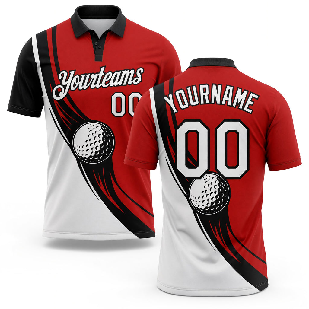 Custom Red White-Black 3D Pattern Design Golf Ball Performance Golf Polo Shirt