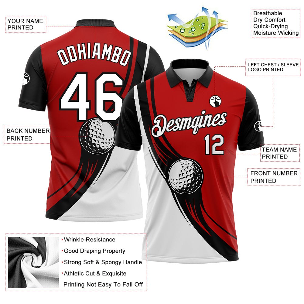 Custom Red White-Black 3D Pattern Design Golf Ball Performance Golf Polo Shirt photo 3