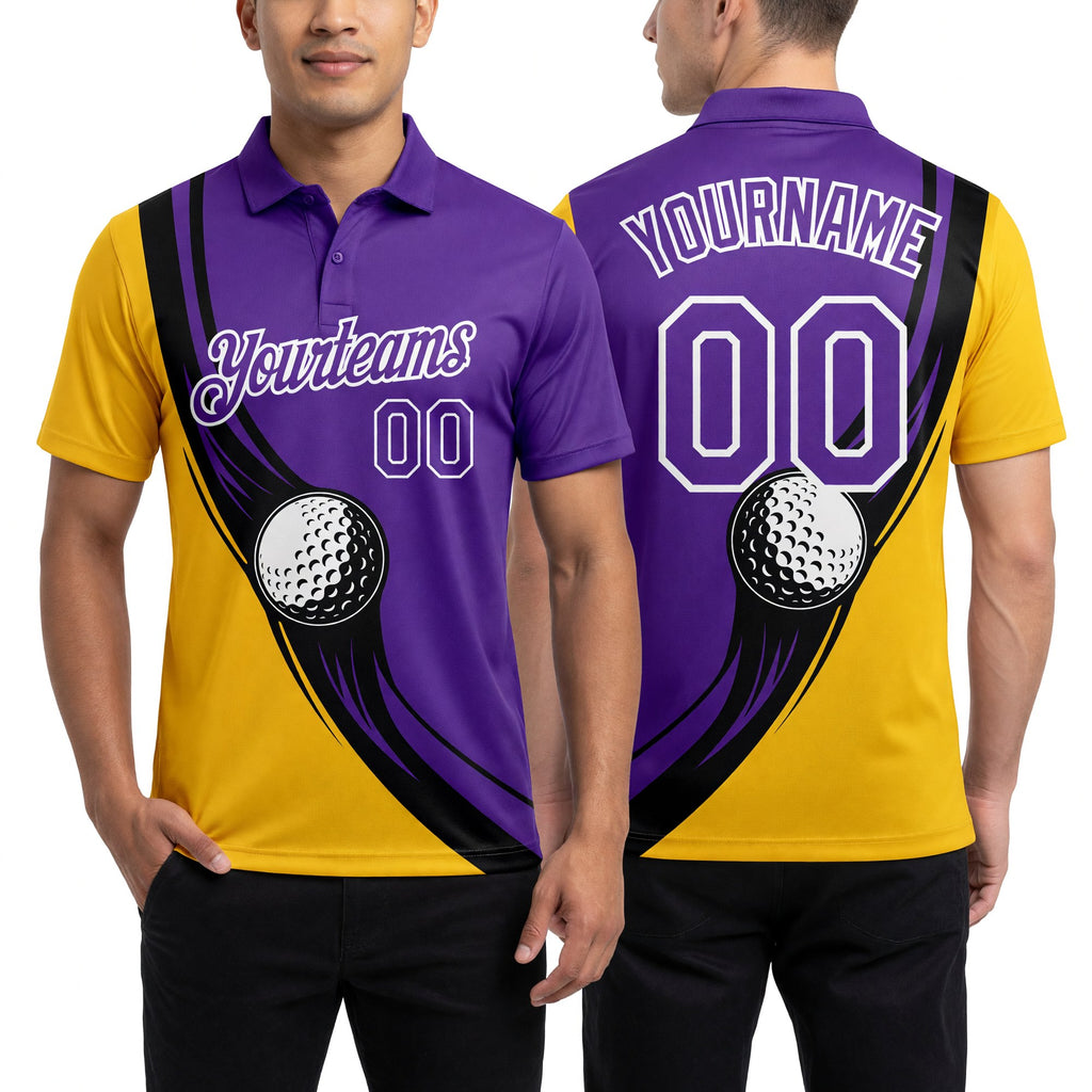 Custom Purple Yellow-Black 3D Pattern Design Golf Ball Performance Golf Polo Shirt worn front and back