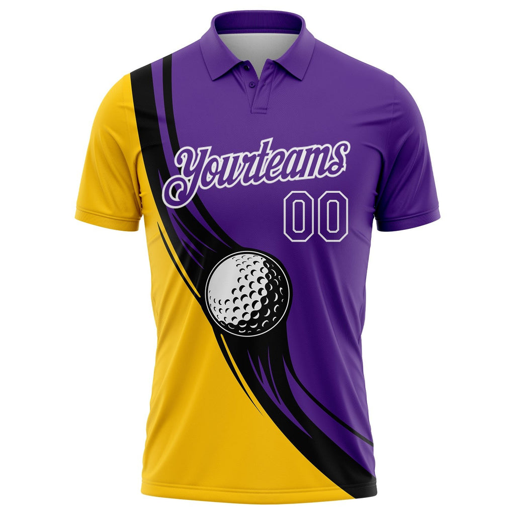 Custom Purple Yellow-Black 3D Pattern Design Golf Ball Performance Golf Polo Shirt photo 2