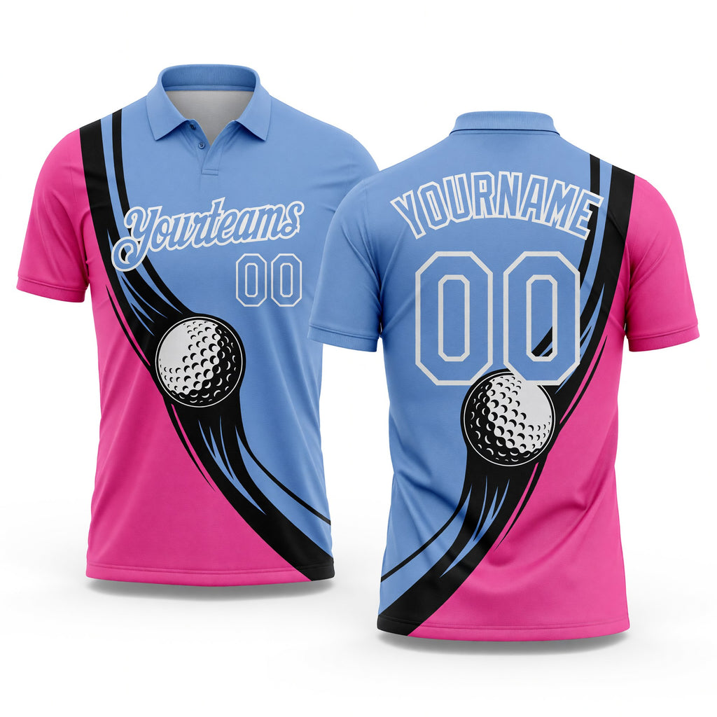 Custom Light Blue Pink-Black 3D Pattern Design Golf Ball Performance Golf Polo Shirt