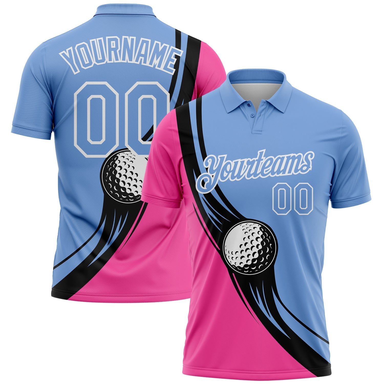 Custom Light Blue Pink-Black 3D Pattern Design Golf Ball Performance Golf Polo Shirt photo 1
