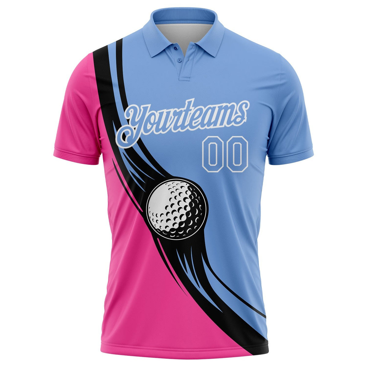 Custom Light Blue Pink-Black 3D Pattern Design Golf Ball Performance Golf Polo Shirt photo 2