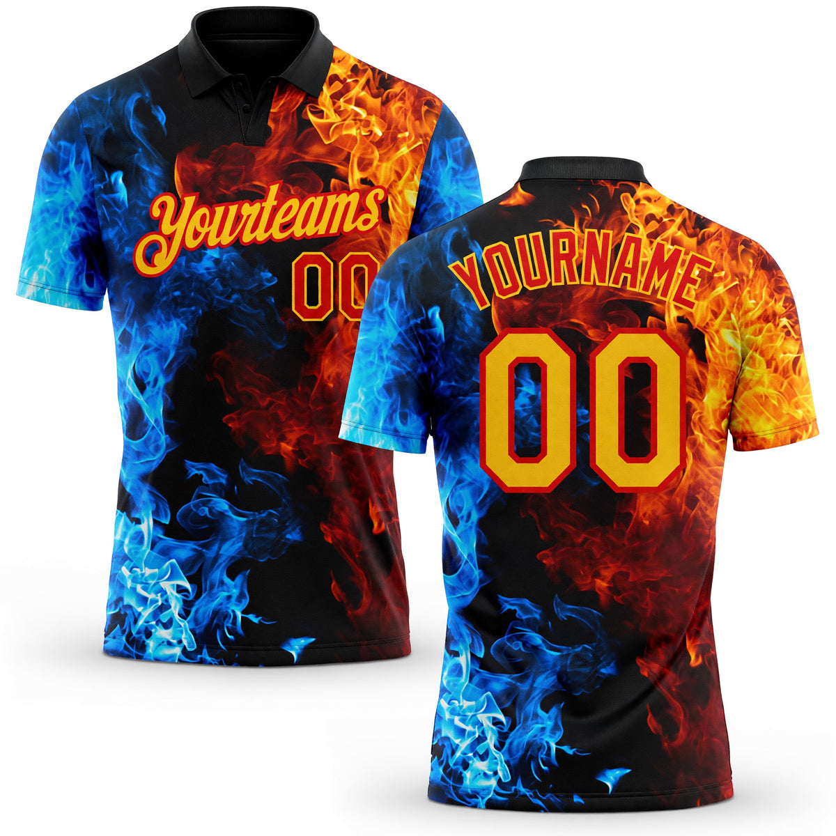 Custom Red Yellow 3D Pattern Design Flame Performance Golf Polo Shirt