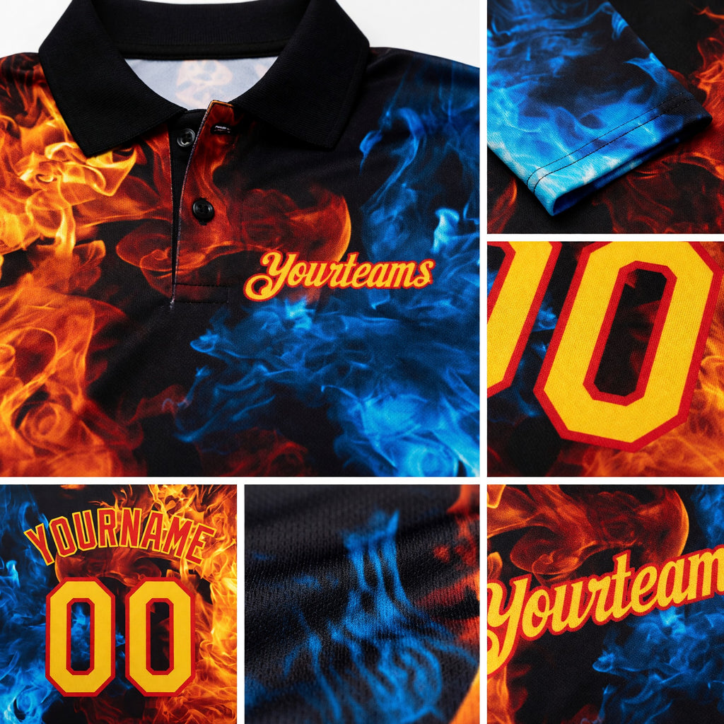 Custom Red Yellow 3D Pattern Design Flame Performance Golf Polo Shirt detail