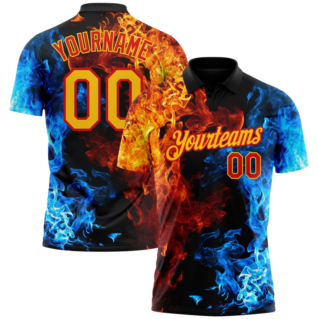Custom Red Yellow 3D Pattern Design Flame Performance Golf Polo Shirt photo 1