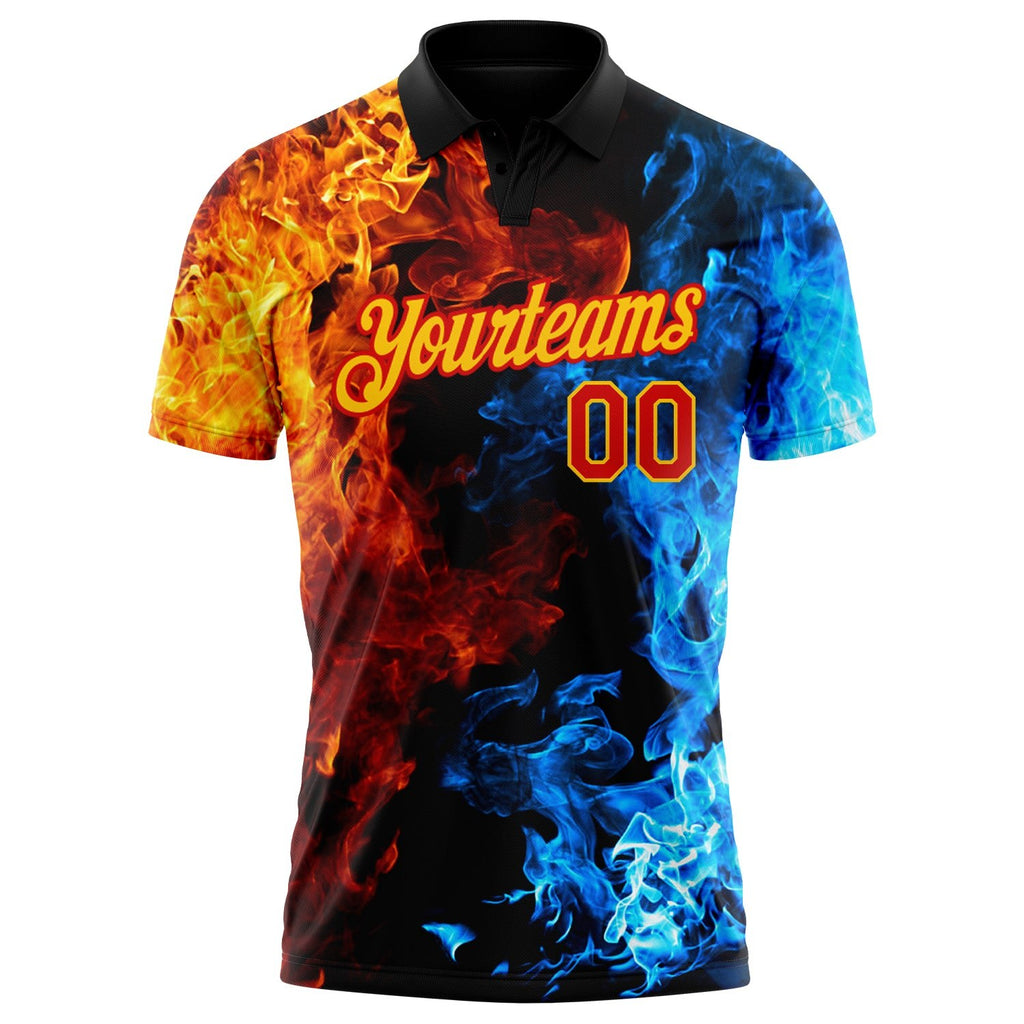 Custom Red Yellow 3D Pattern Design Flame Performance Golf Polo Shirt photo 2